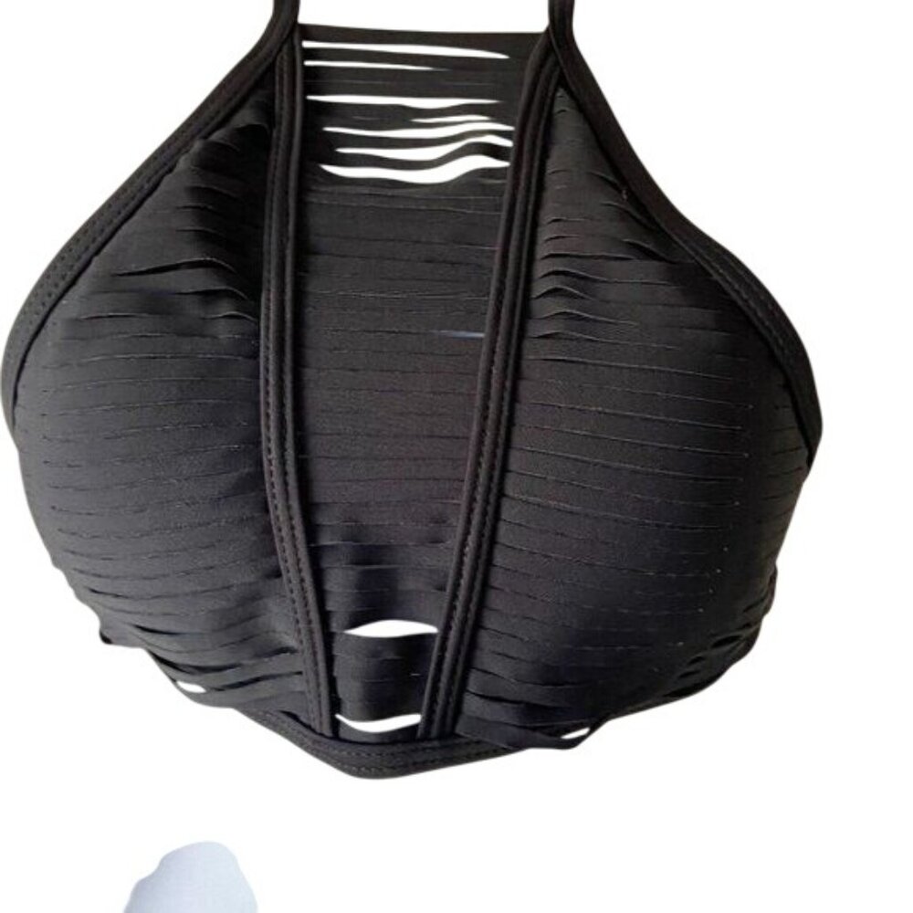 Women's Black Strappy Neck Halter‎ Slash Front Bikini Top Small NWT